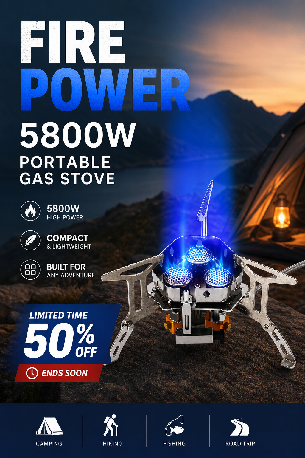📢📢50% OFF !! ⏰Camping Gas Burner – 5800W, Piezo Ignition, Windproof 🔥