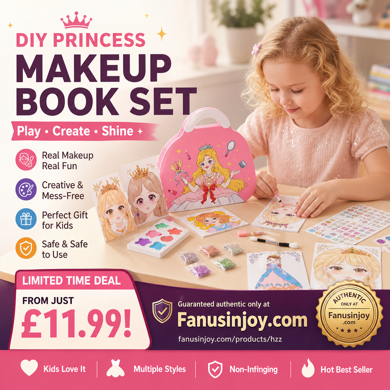 👑LAST DAY SALE 🎨Mess-Free Paper Play, Realistic Fun for Girls ✨ Princess Makeup & Diamond Painting Craft Kit